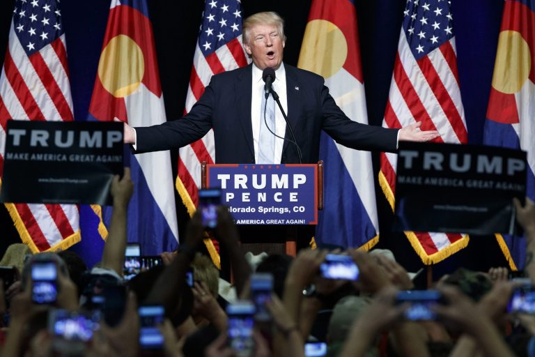 Republican presidential candidate Donald Trump speaks during a campaign rally in Colorado Springs, Colo. A new survey finds that his voters are very angry with Washington. (AP Photo/Evan Vucci)