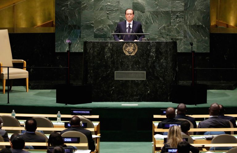 President Francois Hollande, of France, addresses the 69th session of the United Nations General Assembly, at U.N. headquarters, Wednesday, Sept. 24, 2014. (AP Photo/Richard Drew)