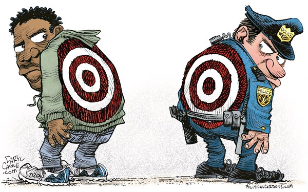 Editorial cartoon: Cops and blacks watch their backs