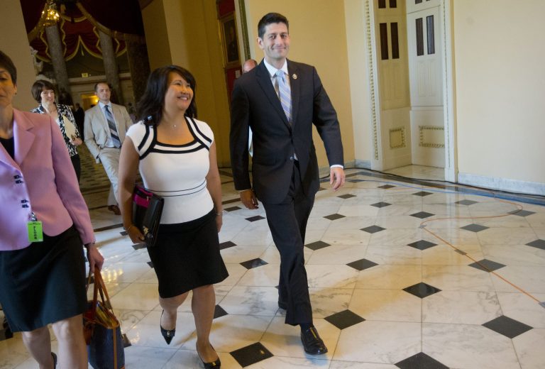 House Ways and Means Committee Chairman Rep. Paul Ryan, R-Wis. walks toward the House Chamber floor on Capitol Hill in Washington, Friday, June 12, 2015. (AP Photo/Pablo Martinez Monsivais)
