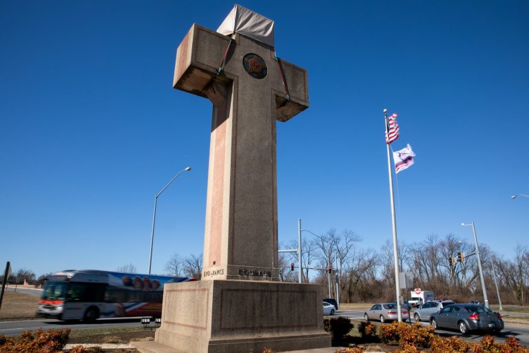 The Peace Cross memorial, located in the three-way junction of Bladensburg Road, Baltimore Avenue, and Annapolis Road in Bladensburg, Maryland, Monday, February 25, 2019. The monument stands 40 foot tall and was built in memory of the 49 men of Prince George's County who died in World War I. The U.S. Supreme Court has agreed to hear a case about whether the nearly 100-year-old, cross-shaped war memorial violates the Constitution's required separation of church and state.