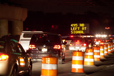 Traffic moves slowly amid construction along Leesburg Pike. Road work snarls the region's roads during the summer. (Examiner file photo)