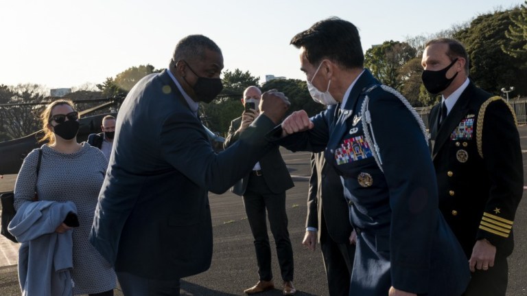 Secretary of Defense Lloyd J. Austin III arrives Hardy Barracks, Japan, March 15, 2021. 