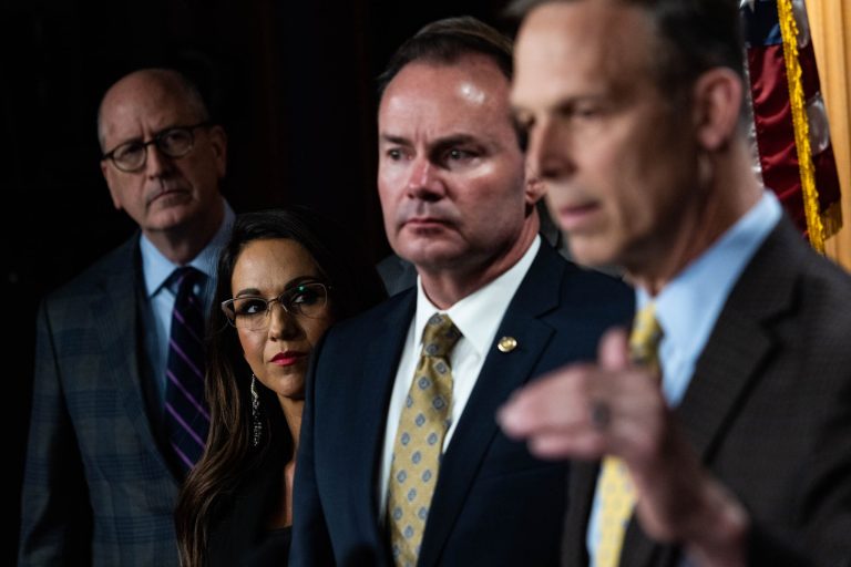 House Freedom Caucus members talk to reporters about the federal debt limit during a news conference at the U.S. Capitol on March 22, 2023 in Washington, DC. The conservative Republicans were critical of President Joe Biden's federal budget proposal and repeated their slogan, 
