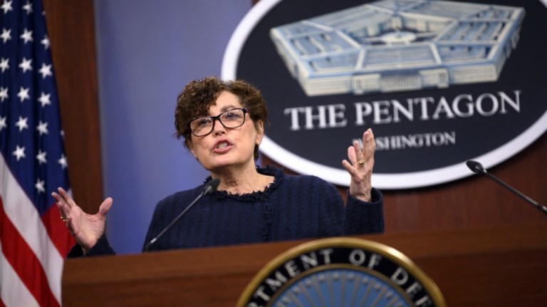 The chair of the Pentagonâs new sexual assault independent review committee, Lynn Rosenthal, briefs the media, the Pentagon, Washington, D.C., Feb. 26, 2021. 