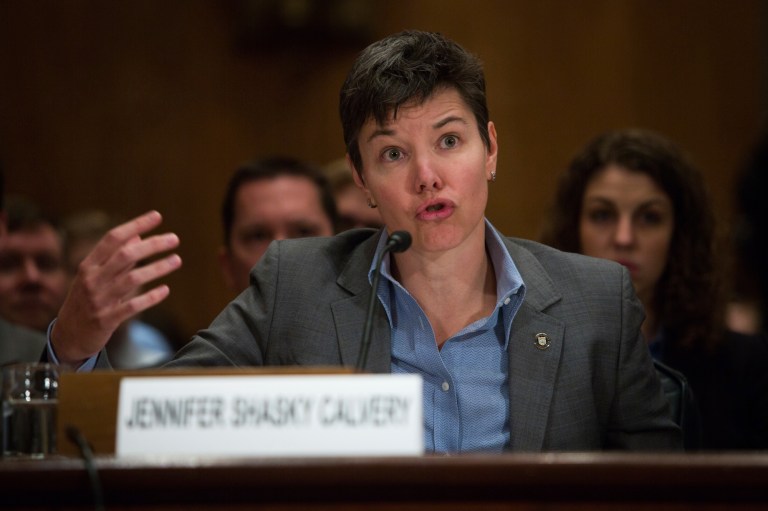 Jennifer Shasky Calvery, director of the Financial Crimes Enforcement Network, testifies at a Senate Homeland Security and Governmental Affairs Committee hearing on Monday, Nov. 18, about the threats of virtual currencies such as Bitcoin, which are susceptible to money laundering schemes. (Photo: Graeme Jennings/Washington Examiner)