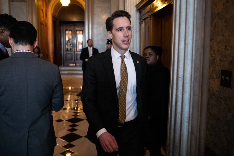 Senator Josh Hawley, R-MO, walks past the Senate Chamber on Capitol Hill, Thursday, April 4, 2019.
