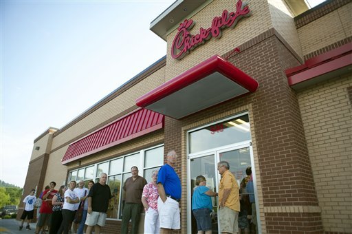 A line forms out the door of Chick-fil-A in Knoxville, Tenn., for "Chick-fil-A Appreciation Day."  