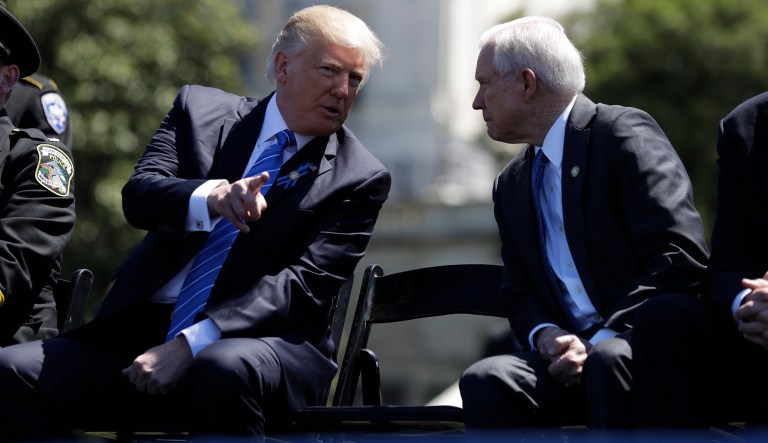 The meeting with Sessions and Wray was a late addition to Trump's schedule following the events in Charlottesville, Va. (AP Photo/Evan Vucci)
