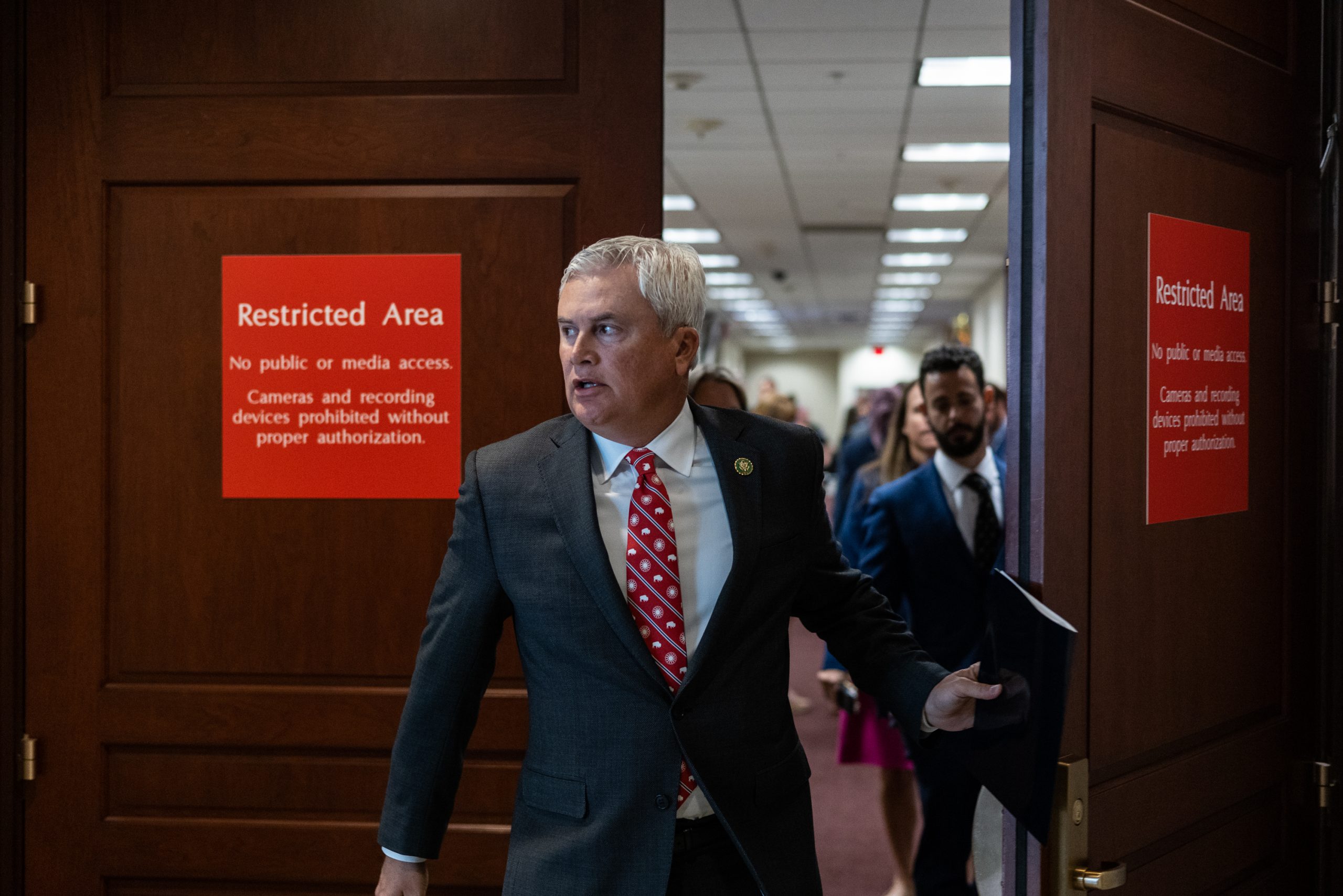 Rep. James Comer (R-KY) leaves the Capitol Visitor Center Sensitive Compartmented Information Facility, where he reviewed an FBI document that alleges a criminal financial scheme involving then Vice President Joe Biden, on Monday, June 5, 2023. 