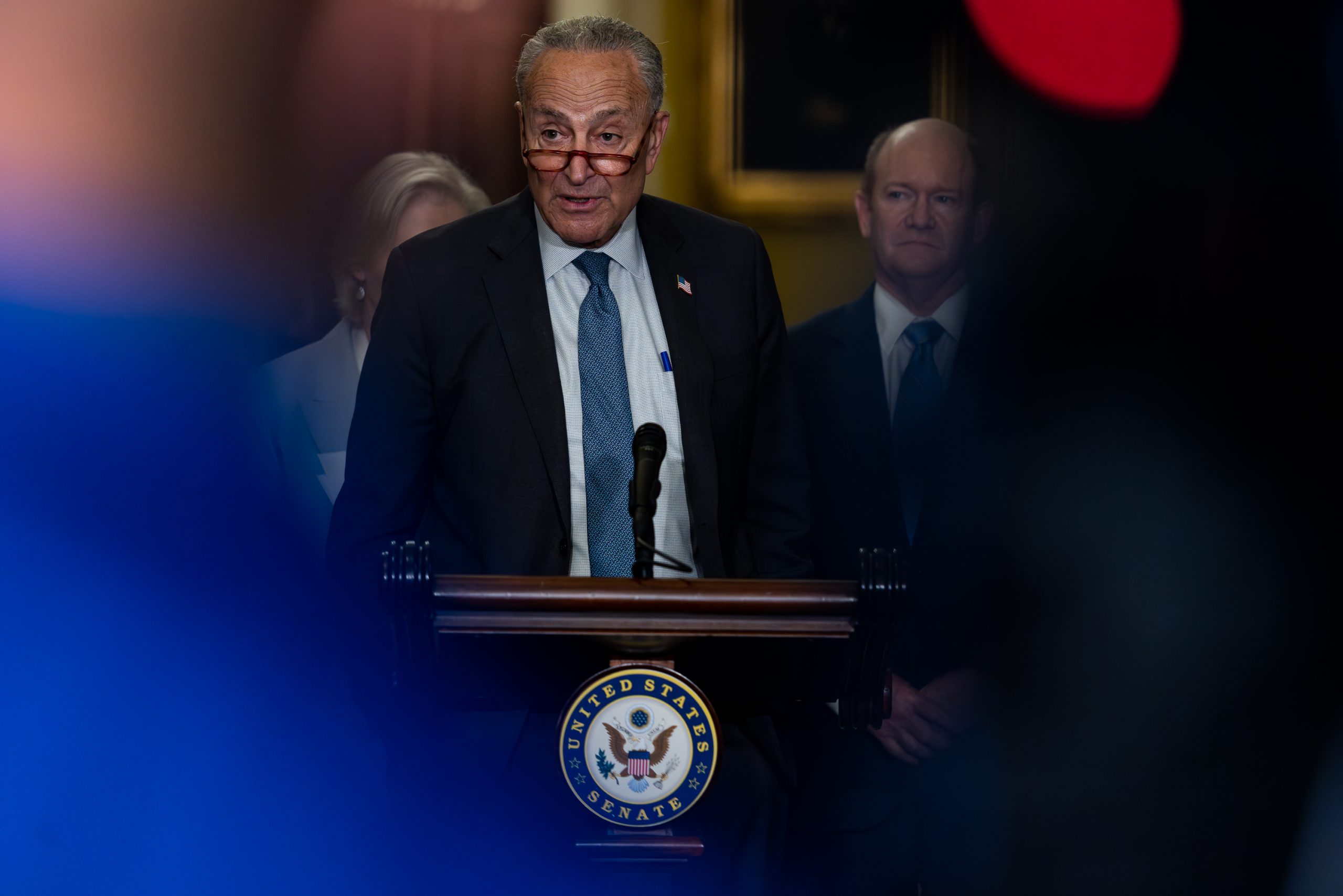 Senate Majority Leader Chuck Schumer (D-NY) speaks at a press conference following a Democratic luncheon, on Capitol Hill, Wednesday, June 7, 2023. On the Senate floor Thursday, Schumer called for Agriculture Secretary Tom Vilsack to double the number of Forest Service personnel to fight forest fires in Canada, which is causing much of the Eastern Seaboard to be affected by smoke. 
