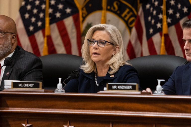 Vice Chairwoman Liz Cheney (R-WY) is seen at a Jan. 6 committee hearing on Thursday in Washington.