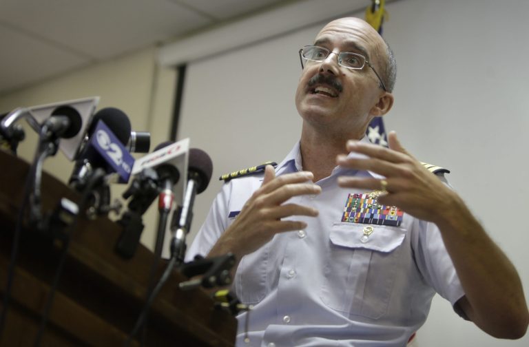   Deputy Commander of Coast Guard Sector New York Capt. Gregory Hitchen speaks during a news conference in New York, Tuesday, June 12, 2012. The Coast Guard says a reported explosion on a motor yacht off central New Jersey likely was a hoax and that an extensive search and rescue operation cost hundreds of thousands of dollars. (AP Photo/Seth Wenig)  