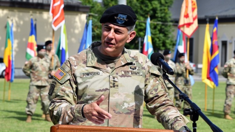 Gen. Stephen Townsend, the commander of U.S Africa Command, addresses the audience during the U.S. Army Africa change of command ceremony held at Caserma Ederle in Vicenza, Italy, July 15, 2020. 
