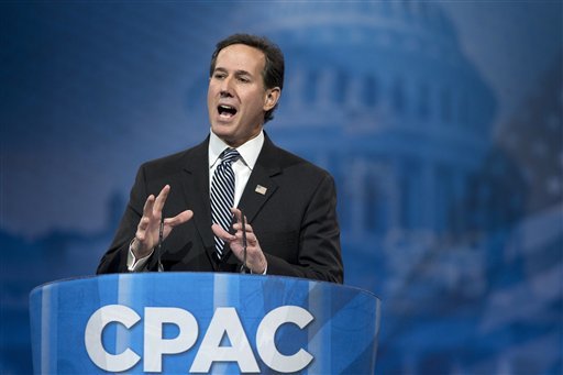Former Pennsylvania Sen. Rick Santorum gestures as he speaks at the 40th annual Conservative Political Action Conference in National Harbor.  (AP Photo/Manuel Balce Ceneta)