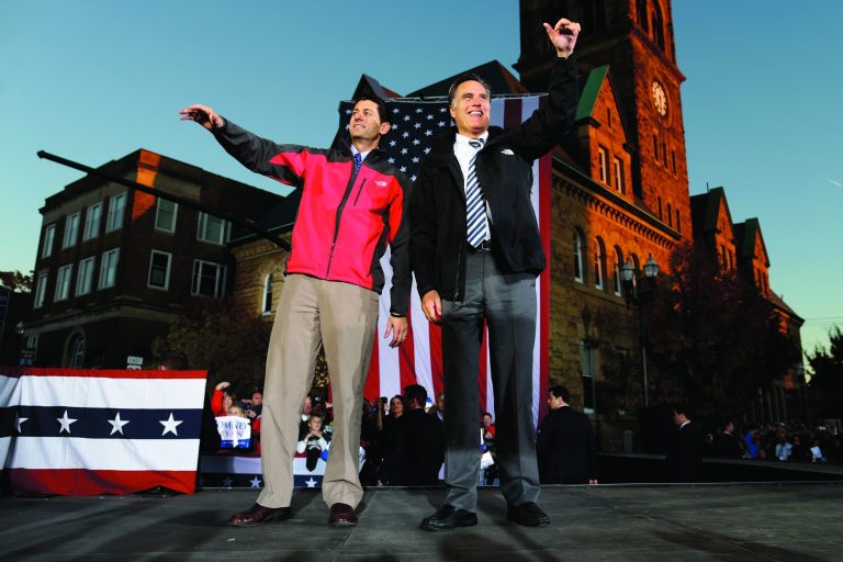 Republican presidential candidate and former Massachusetts Gov. Mitt Romney and Republican vice presidential candidate, Rep. Paul Ryan, R-Wis., campaign in Lancaster, Ohio, Friday, Oct. 12, 2012. (AP Photo/Charles Dharapak)