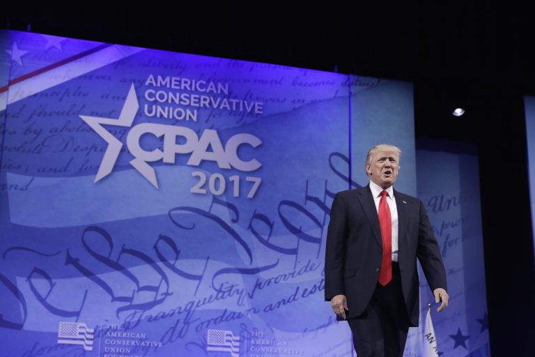 President Donald Trump arrives to speak at the Conservative Political Action Conference (CPAC) in Oxon Hill, Md., Friday, Feb. 24, 2017. (AP Photo/Evan Vucci)