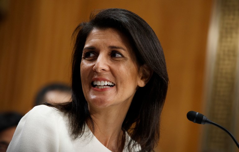 Nikki Haley, who is South Carolina's governor, succeeds Samantha Power as the U.S. representative. She passed in an easy bipartisan vote that was foreshadowed earlier Tuesday in the Senate Foreign Relations Committee, where just two Democrats voted against her. (AP Photo/Evan Vucci)