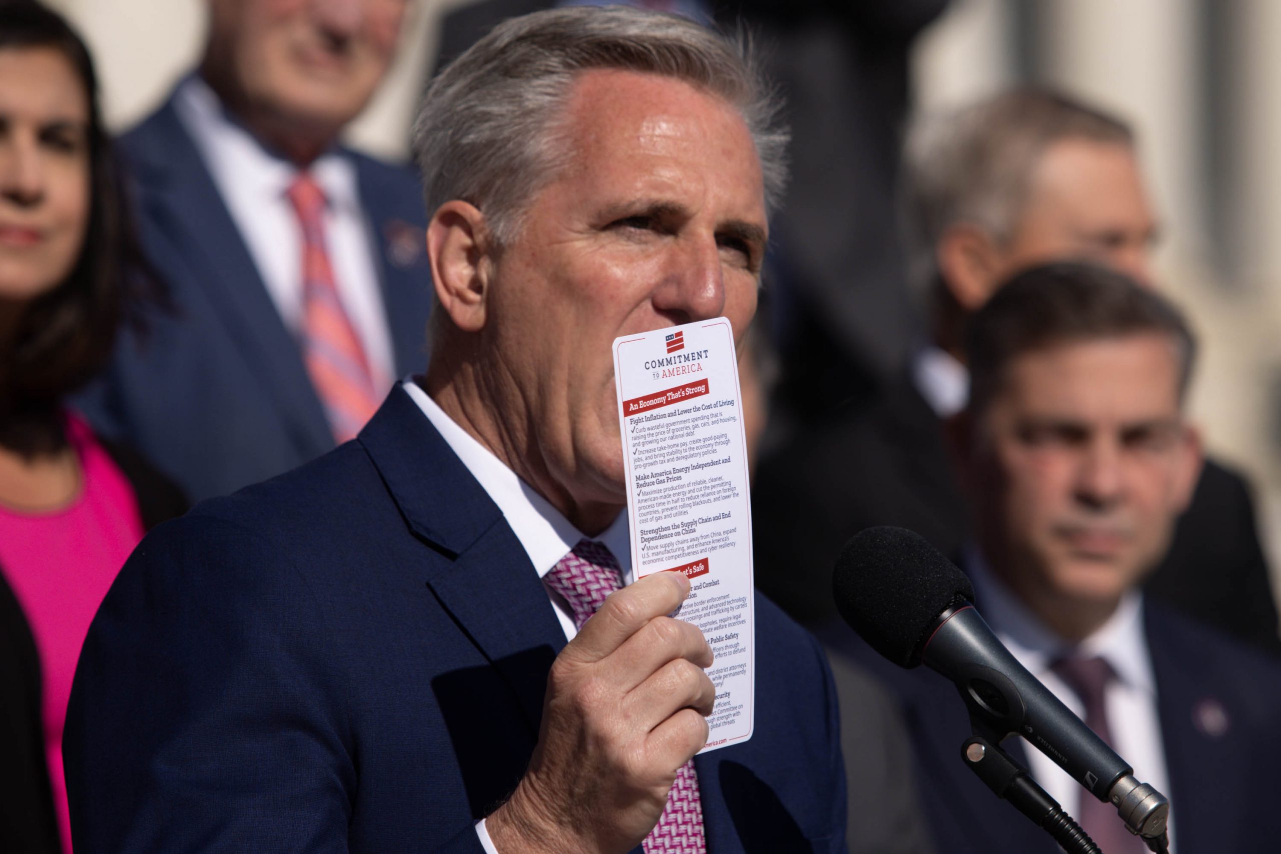 House Minority Leader Kevin McCarthy, R-CA, speaks during a news conference on the Capitol steps about the House Republicans' "Commitment to America" plan, in Washington, D.C., Thursday, Sept. 29, 2022. 