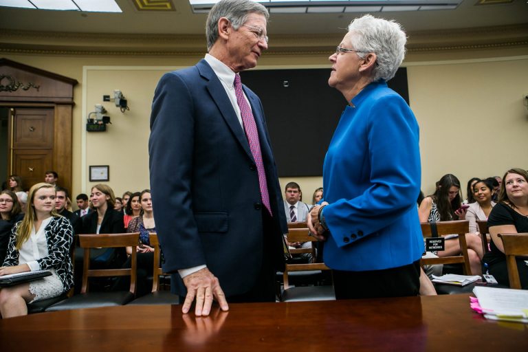 Rep. Lamar Smith, R-Texas, speaks with Environmental Protection Agency Administrator Gina McCarthy on Thursday, July 9. 2015. (Graeme Jennings/Examiner file)