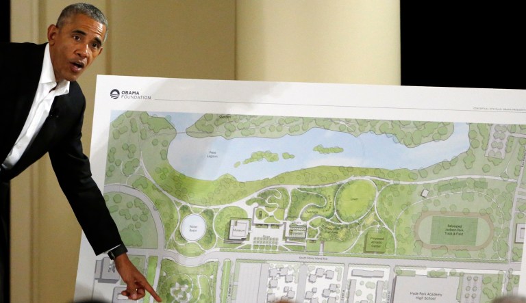 The Obama Foundation unveiled plans for former President Barack Obama's lakefront presidential center on May 3, 2017. (AP Photo/Nam Y. Huh)