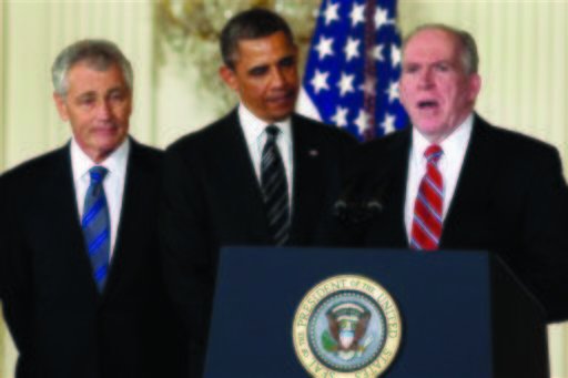 President Barack Obama and his choice for Defense Secretary, former Nebraska Sen. Chuck Hagel, left, and his choice for new CIA Director, current Deputy National Security Adviser for Homeland Security and Counterterrorism, John Brennan in the East Room of the White House in Washington recently. (AP Photo/Charles Dharapak, File)