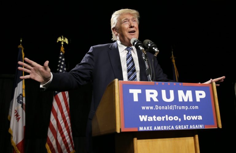 Republican presidential candidate Donald Trump speaks during a campaign stop at the Electric Park Ballroom, Wednesday, Oct. 7, 2015, in Waterloo, Iowa. (AP Photo/Charlie Neibergall)