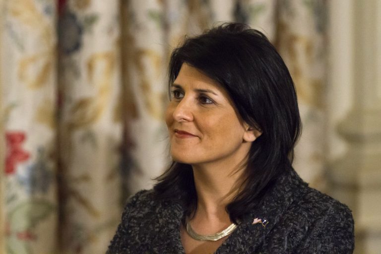 South Carolina Gov. Nikki Haley waits for the arrival of President Barack Obama to speak to members of the National Governors Association in the State Dining Room of the White House in Washington, Monday, Feb. 24, 2014. (AP Photo/Jacquelyn Martin)