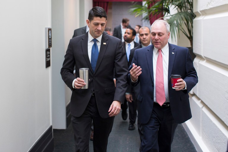 House Speaker Paul Ryan of Wis., left, talks with House Majority Whip Steve Scalise of La. as they arrive for a GOP caucus meeting on Capitol Hill in Washington, Wednesday, April 26, 2017. (AP Photo/Evan Vucci)