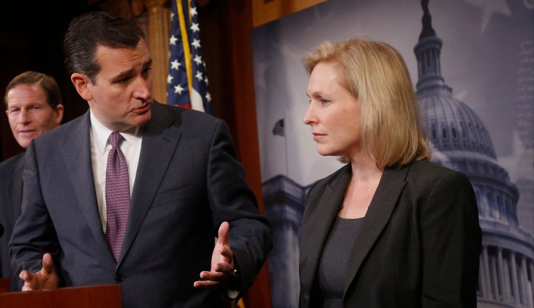 Both Sen. Ted Cruz, R-Texas and Sen. Kirsten Gillibrand, D-N.Y., talk a big game about principles, and both fold at the first sign of a threat to their standing with their respective bases. (AP Photo/Charles Dharapak)