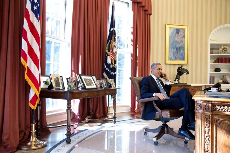 President Obama talks on the phone with Alan Gross, who was en route to the United States from Cuba, in the Oval Office, Dec. 17, 2014. (Official White House Photo by Pete Souza)