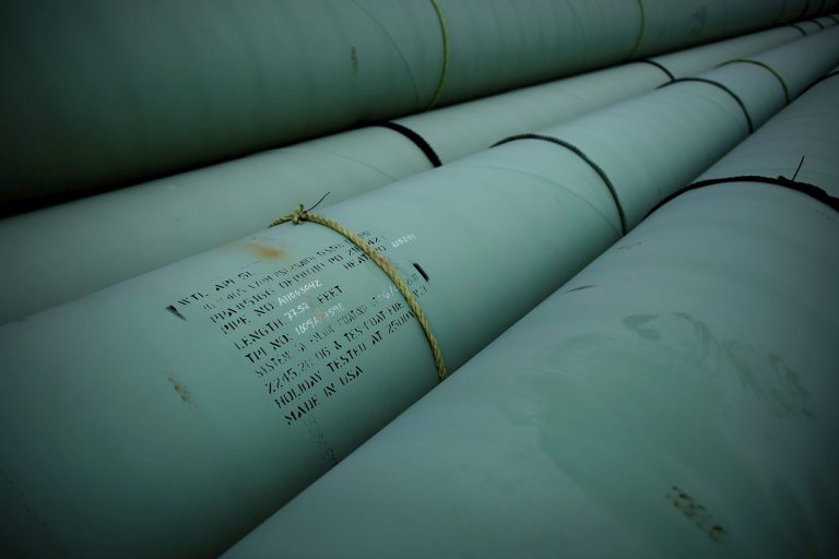 Pipe is stacked at the southern site of the Keystone XL pipeline on March 22, 2012 in Cushing, Okla. (Photo by Tom Pennington/Getty Images)