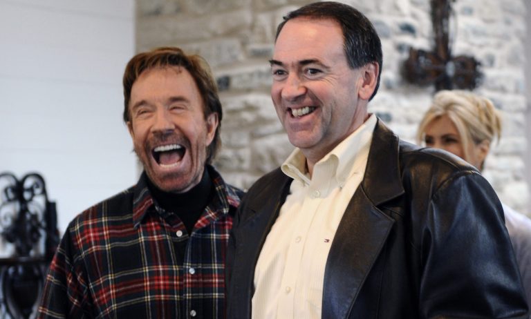 Chuck Norris has been a fan of Huckabee's ultra conservative views on issues like the IRS and the Second Amendment for the past decade, and endorsed Huckabee's first presidential bid in the 2008 election. (AP Photo/Pat Sullivan, File)