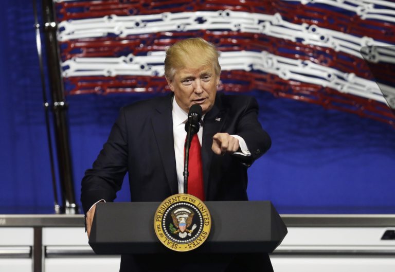 President Donald Trump speaks at Snap-On Tools in Kenosha, Wis., Tuesday, April 18, 2017. The president hopes to revive the economic populism that helped drive his election campaign. (AP Photo/Kiichiro Sato)
