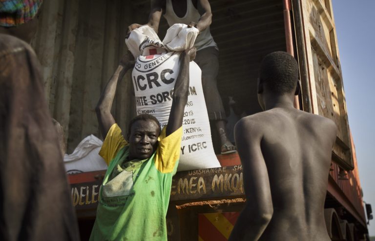 A man unloads food assistance supplied by the International Red Cross in Awerial, South Sudan, earlier this year. (AP Photo/Ben Curtis, File)