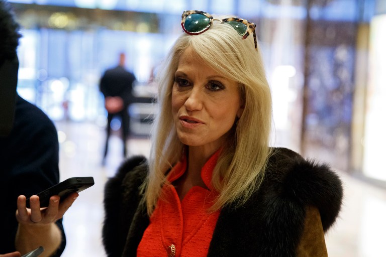 Kellyanne Conway gave no clues into who will be President-elect Trump's choice for secretary of state Friday. (AP Photo/Evan Vucci)