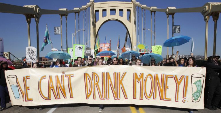 In this Nov. 3, 2010 file photo, marchers concerned with water pollution protest against hydraulic fracturing and gas well drilling in Pittsburgh. Pennsylvania officials say there have been 370 complaints so far in 2013 alleging that oil or natural gas drilling polluted or diminished the flow of water to private water wells. But the Associated Press found that a lack of detail in the data make it almost impossible to judge whether the drilling boom is harming more individuals than in the past, or less. (AP Photo/Keith Srakocic, File)
