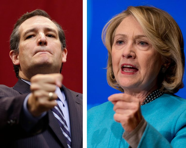Combined, Ted Cruz and Hillary Clinton were mentioned in 40 percent of the 27 million Facebook posts, comments and content likes and 47 percent of the Twitter mentions. (AP Photos)