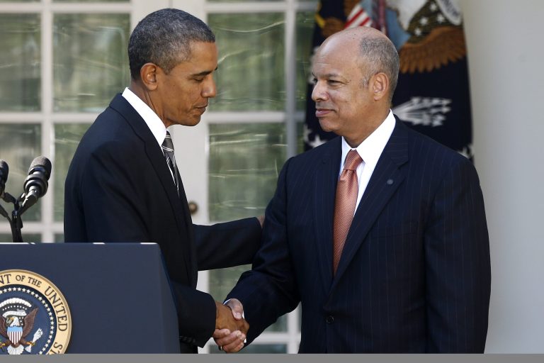 President Barack Obama shakes hands with Jeh Johnson, his choice for the next Homeland Security Secretary, in the Rose Garden at the White House in Washington, Friday, Oct. 18, 2013. Johnson was approved as head of Homeland Security on Monday. (AP Photo/Charles Dharapak)