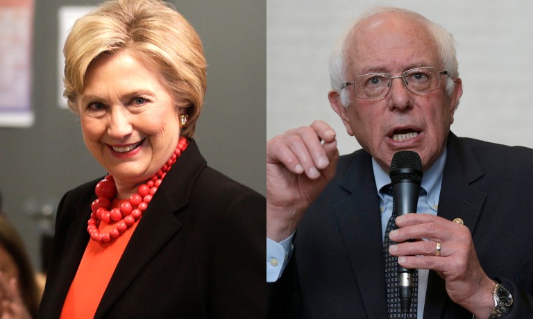 Donald Trump said Wednesday that he's mostly been leaving Bernie Sanders alone because he enjoys watching him fight Hillary Clinton in the Democratic primary contest. (AP Photo/Mike Groll)