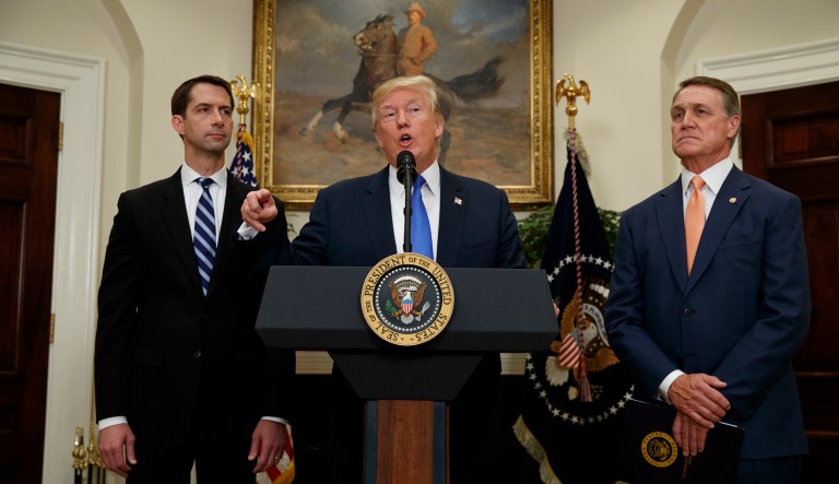 A number of provisions in the revised bill by Republican Sens. Tom Cotton of Arkansas and David Perdue of Georgia received majority support. (AP Photo/Evan Vucci)