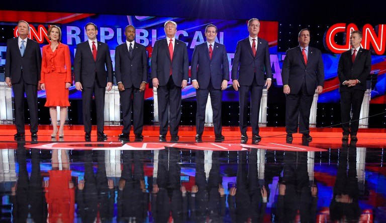 Republican presidential candidates, from left, John Kasich, Carly Fiorina, Marco Rubio, Ben Carson, Donald Trump, Ted Cruz, Jeb Bush, Chris Christie, and Rand Paul take the stage during the CNN Republican presidential debate at the Venetian Hotel & Casino on Tuesday, Dec. 15, 2015, in Las Vegas. 