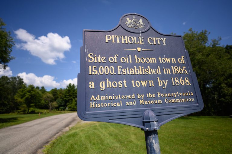 A historical marker for Pithole City sits along a quiet road in Cornplanter Township, Venango County, Pa. The city was once a booming oil town after the discovery of oil and the site of the first commercial oil well in the United States just six miles away. In just five years, the town was reduced to just a couple hundred people. 