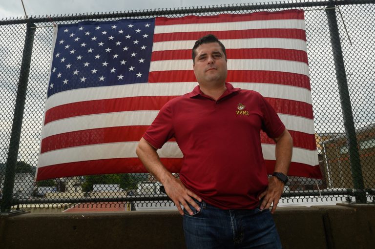 Devlin Robinson, a Republican who ran against incumbent Democrat Pam Iovino in Pennsylvaniaâs State Senate District 37, is photographed along Washington Avenue in Bridgeville, Pa., on July 23. 