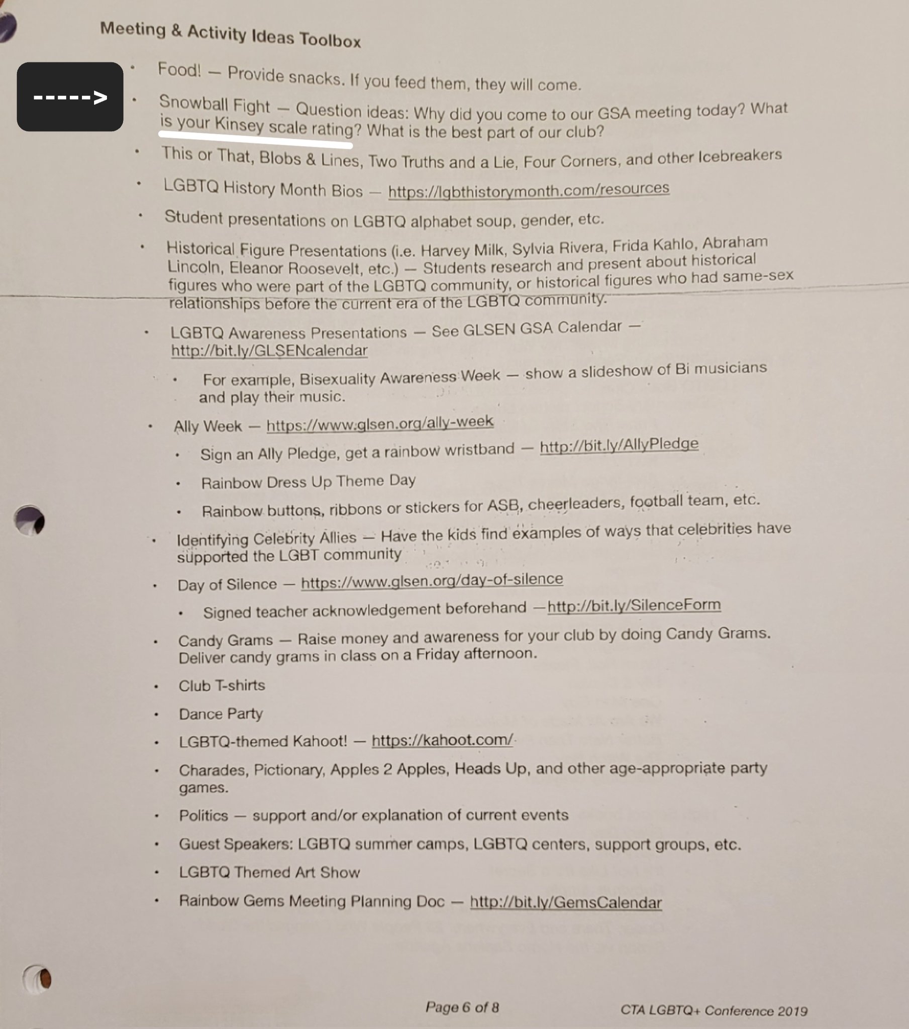 Activity suggestion sheet recommending asking students their Kinsey scale rating