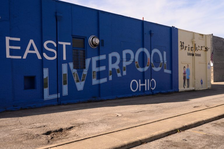 A mural for East Liverpool is painted on the side of Brickerâs Cafeteria on March 1, 2023 in East Liverpool, Ohio.  