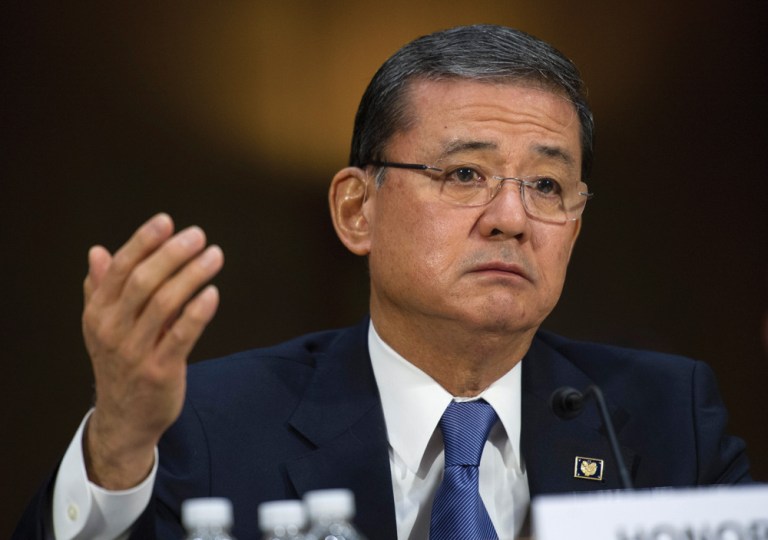 Veterans Affairs Secretary Eric Shinseki testifies on Capitol Hill on Thursday before the Senate Veterans Affairs Committee hearing to examine the state of Veterans Affairs health care. (AP Photo/Cliff Owen)