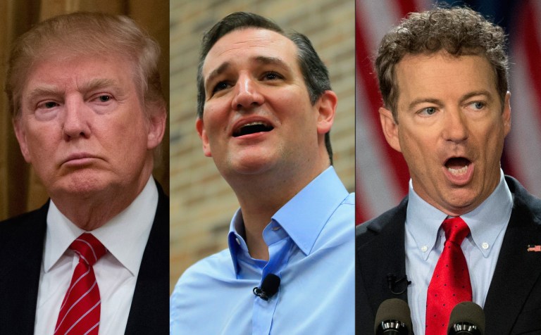 This photo combination shows, from left, Republican presidential candidate Donald Trump, left, Republican presidential candidate, U.S. Sen. Ted Cruz, of Texas, and Republican presidential candidate Rand Paul, of Kentucky. (AP Photo/Charlie Neibergall/Nati Harnik/Carloyn Kaster)