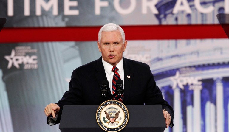 Vice President Mike Pence speaks at the Conservative Political Action Conference at National Harbor, Md. Pence said that 