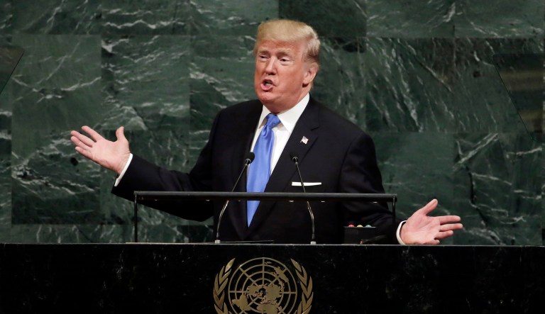 Rather, Trump was addressing Kim Jong Un directly, speaking in a language that the pudgy despot understands. (AP Photo/Richard Drew)
